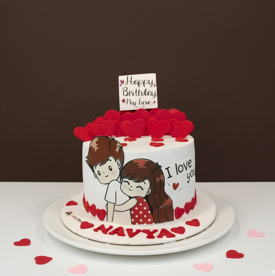 Lovable Couple Red Heart Cake