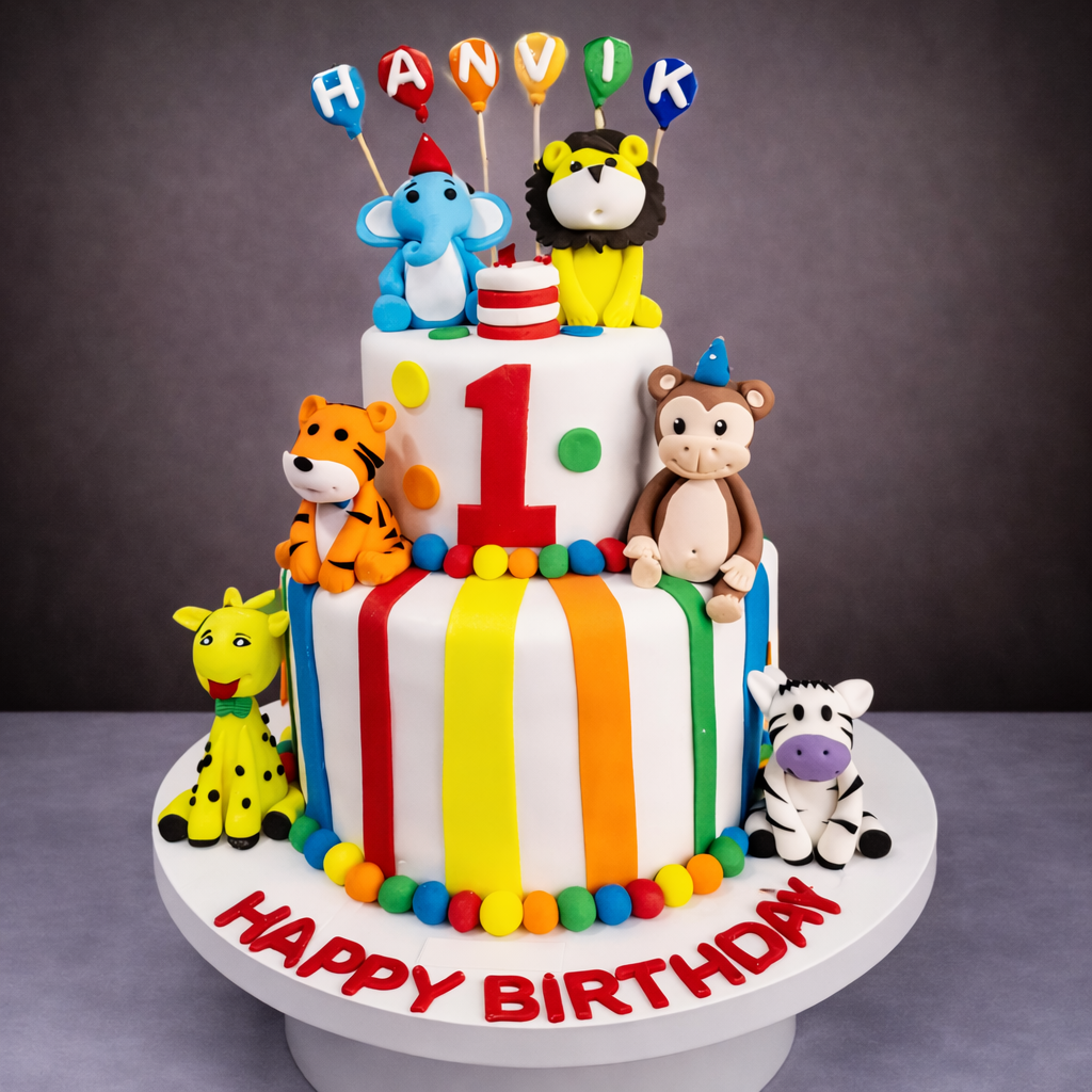 Rainbow Jungle First Birthday Cake