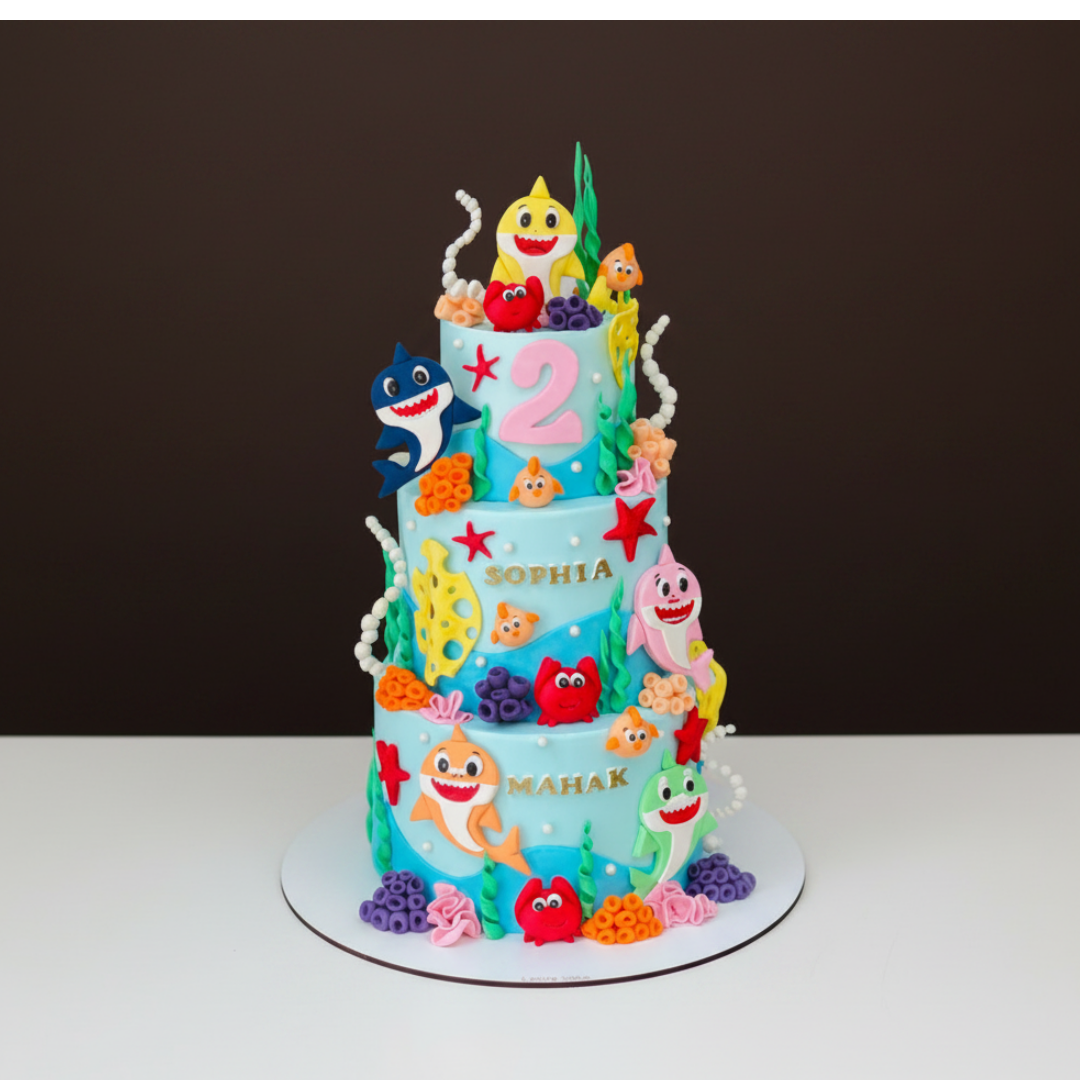 Baby Shark Triple Tier Coral Cake