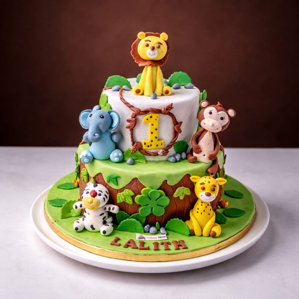 Cute Jungle Animals First Birthday Cake