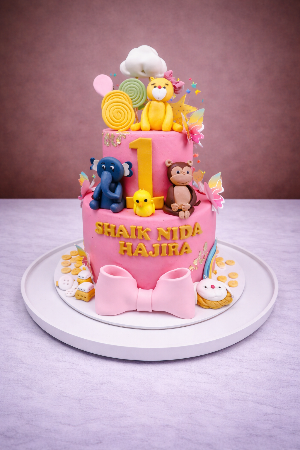 Pink Jungle First Birthday Cake