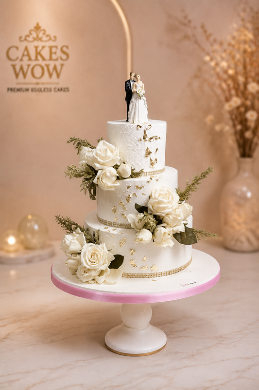 Regal White Wedding Cake with Couple