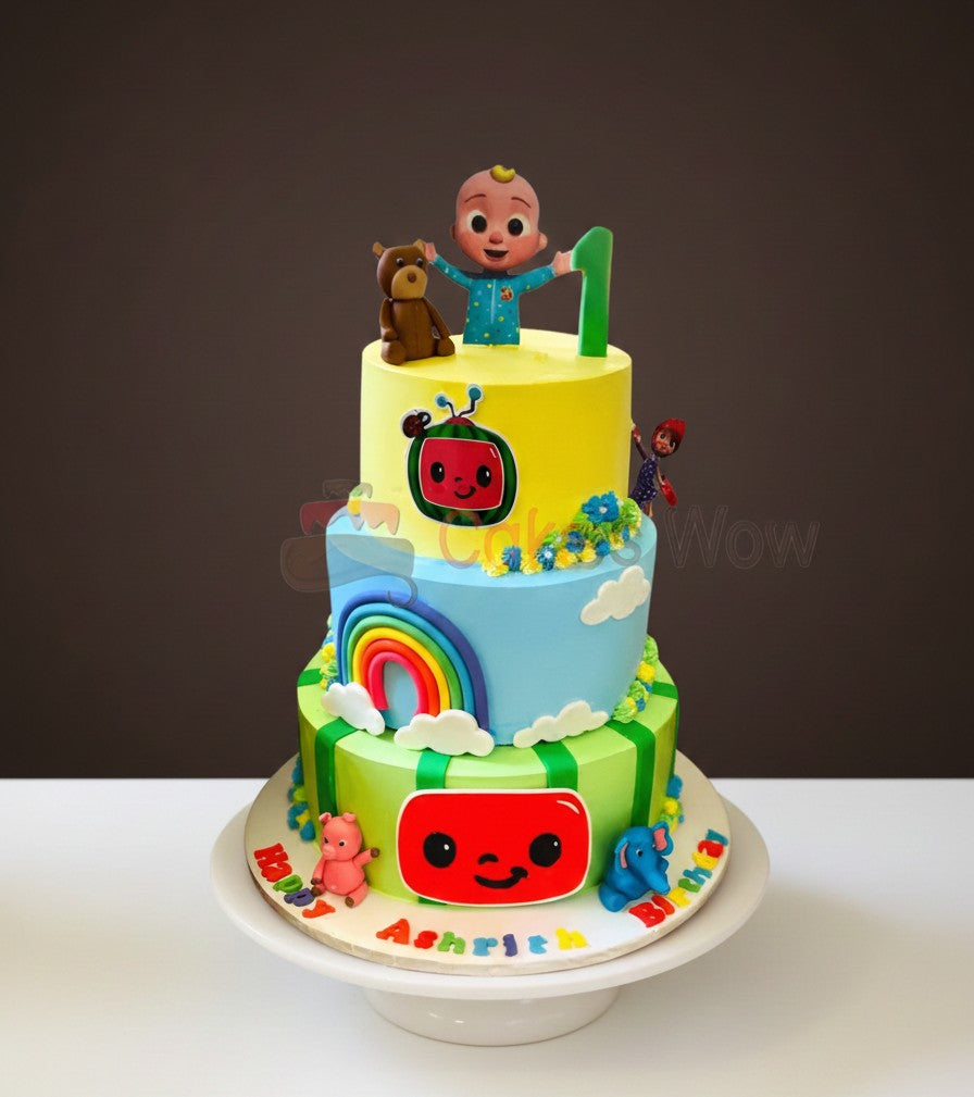 Cocomelon Three-Tier Rainbow Celebration Cake