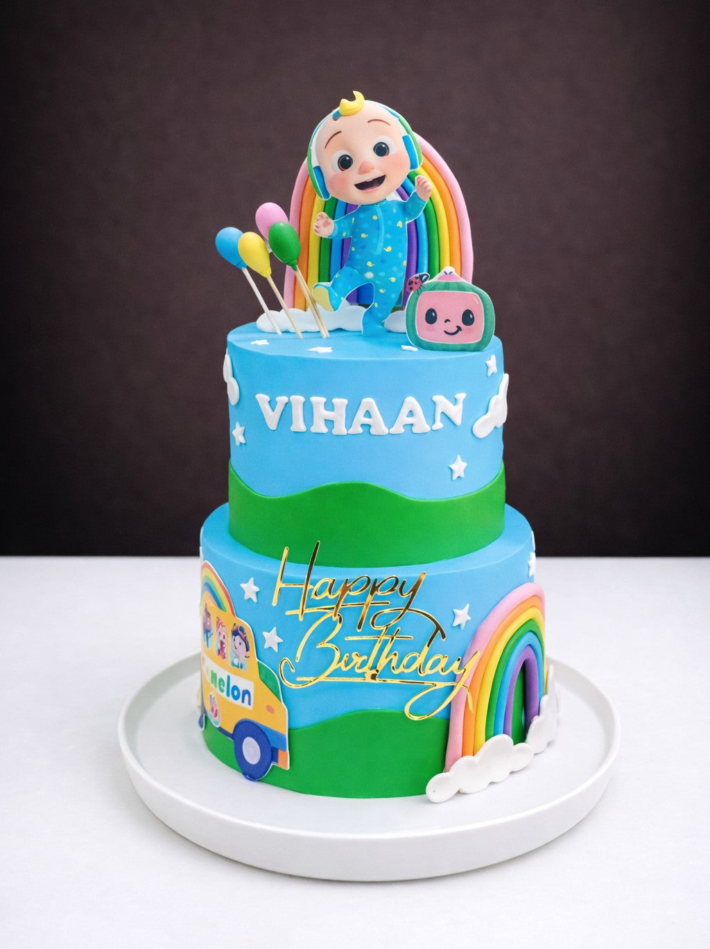 Rainbow Cocomelon Tiered Birthday Cake