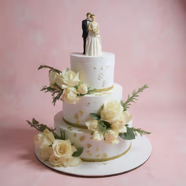 Regal White Wedding Cake with Couple