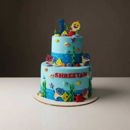Baby Shark Blue Two-Tier Cake