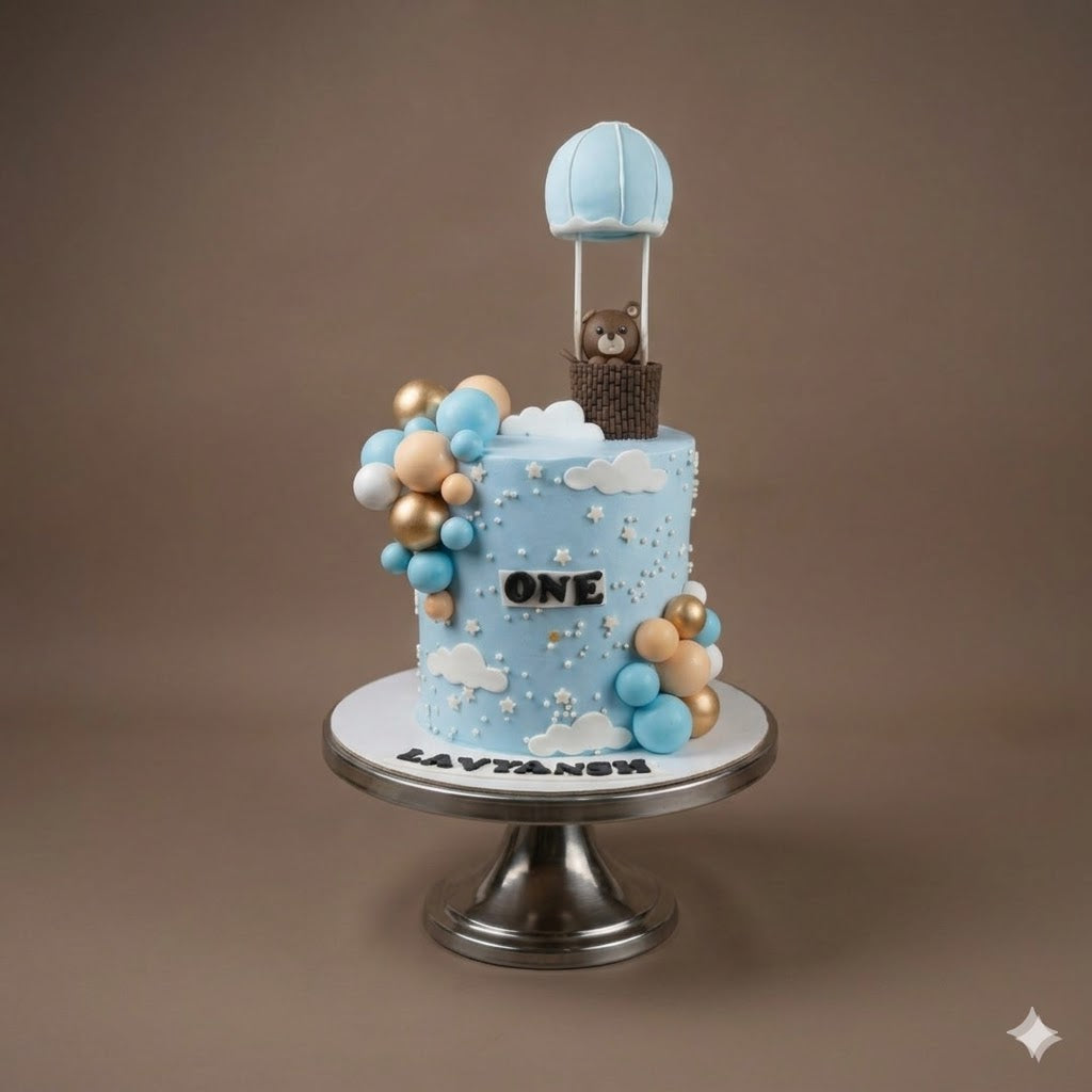 Blue Teddy Balloon Celebration Cake